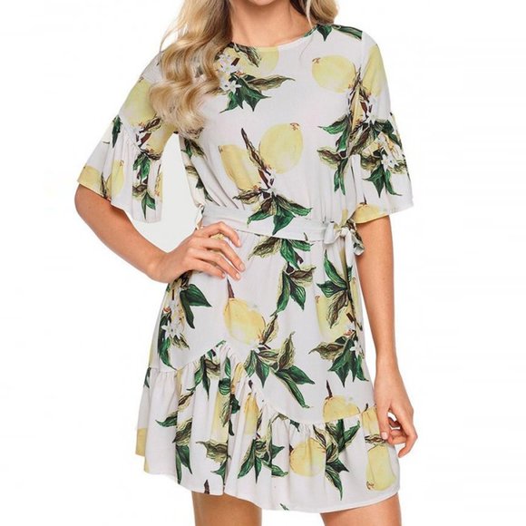 Yellow Lemon Printed Flounce Sleeve Ruffled Dress - Picture 8 of 9